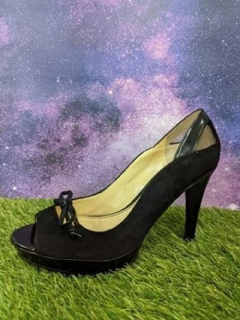 MARC FISHER Violat Black Suede Leather Peep Platform Now Heels Women's Size 8